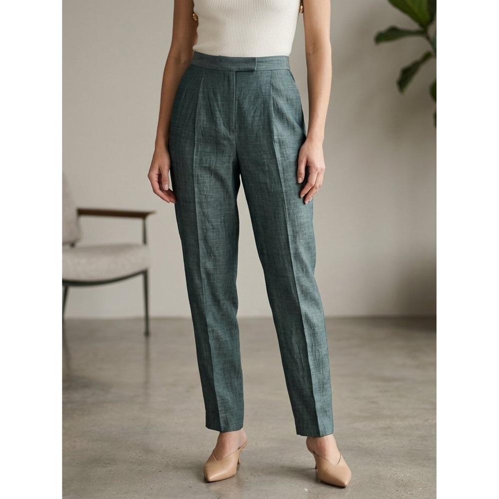Peruvian Connection Linen Silk Trousers Teal Green High Waist Tapered‎ Pants 10